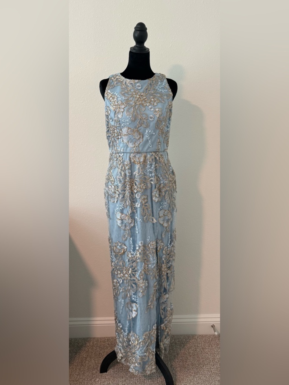 Alex & Eve Light Blue Evening Dress with Gold Trim